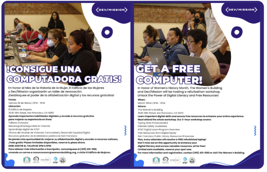 Bilingual flyers promoting a free computer history educational event for women hosted by two organizations.